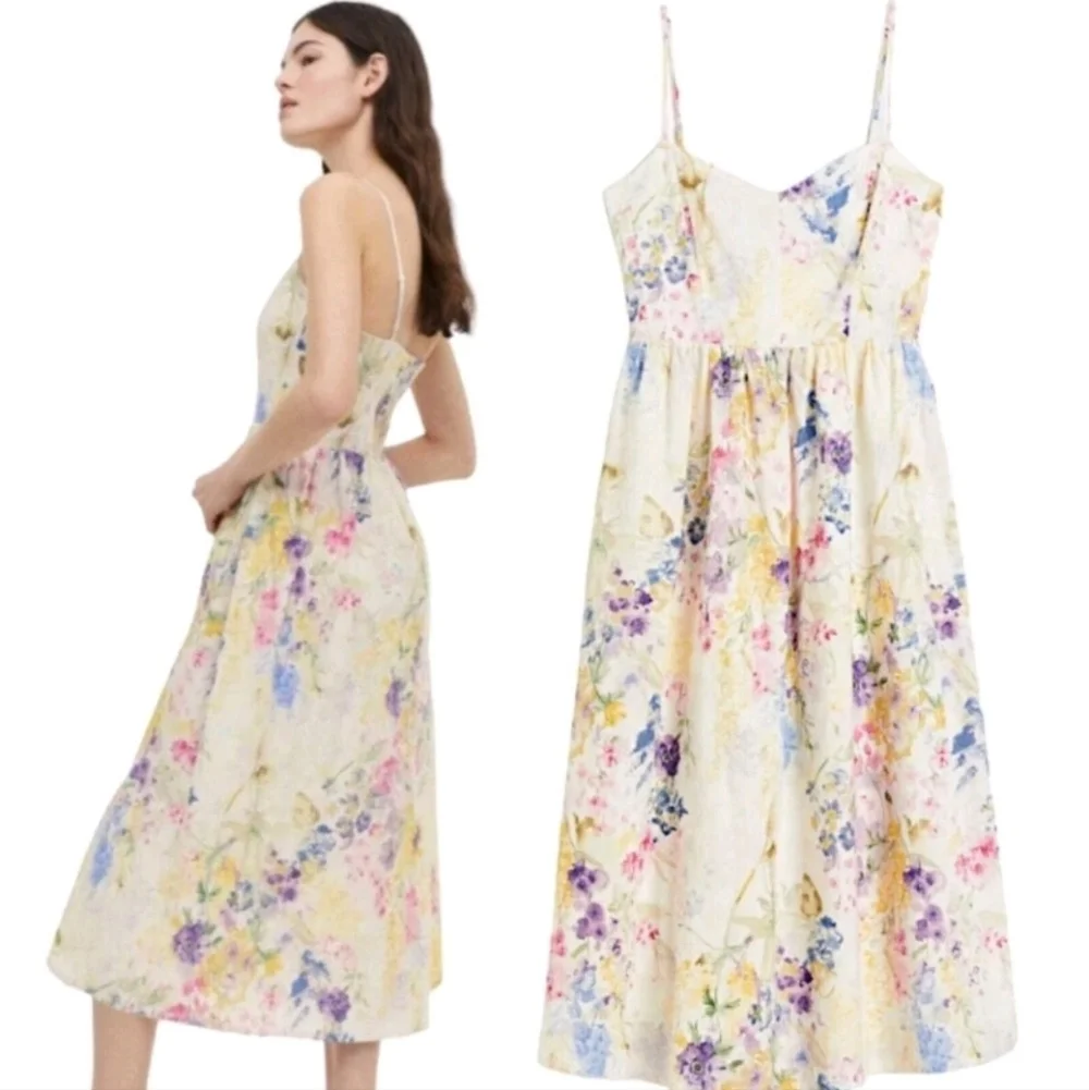 H&M Linen & Cotton Blend Floral Midi Dress Garden Tea Party Feminine Pastel XL - Picture 5 of 14